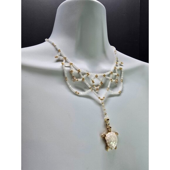 18k Gold Plated Moonstone Peach Champagne Zircon Beaded Necklace Turtle Pendant - Picture 3 of 9